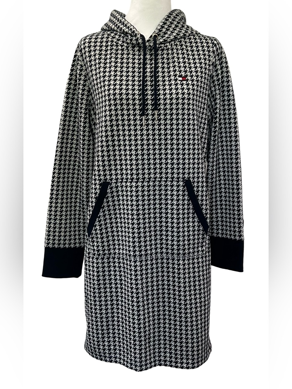 Tommy Hilfiger Houndstooth Hoodie Dress Black White Logo Pocket Medium - Picture 2 of 13